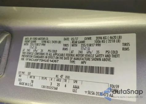 2017 Ford Escape S z USA, uszkodzony, nr VIN 1FMCU0F70HUE14367